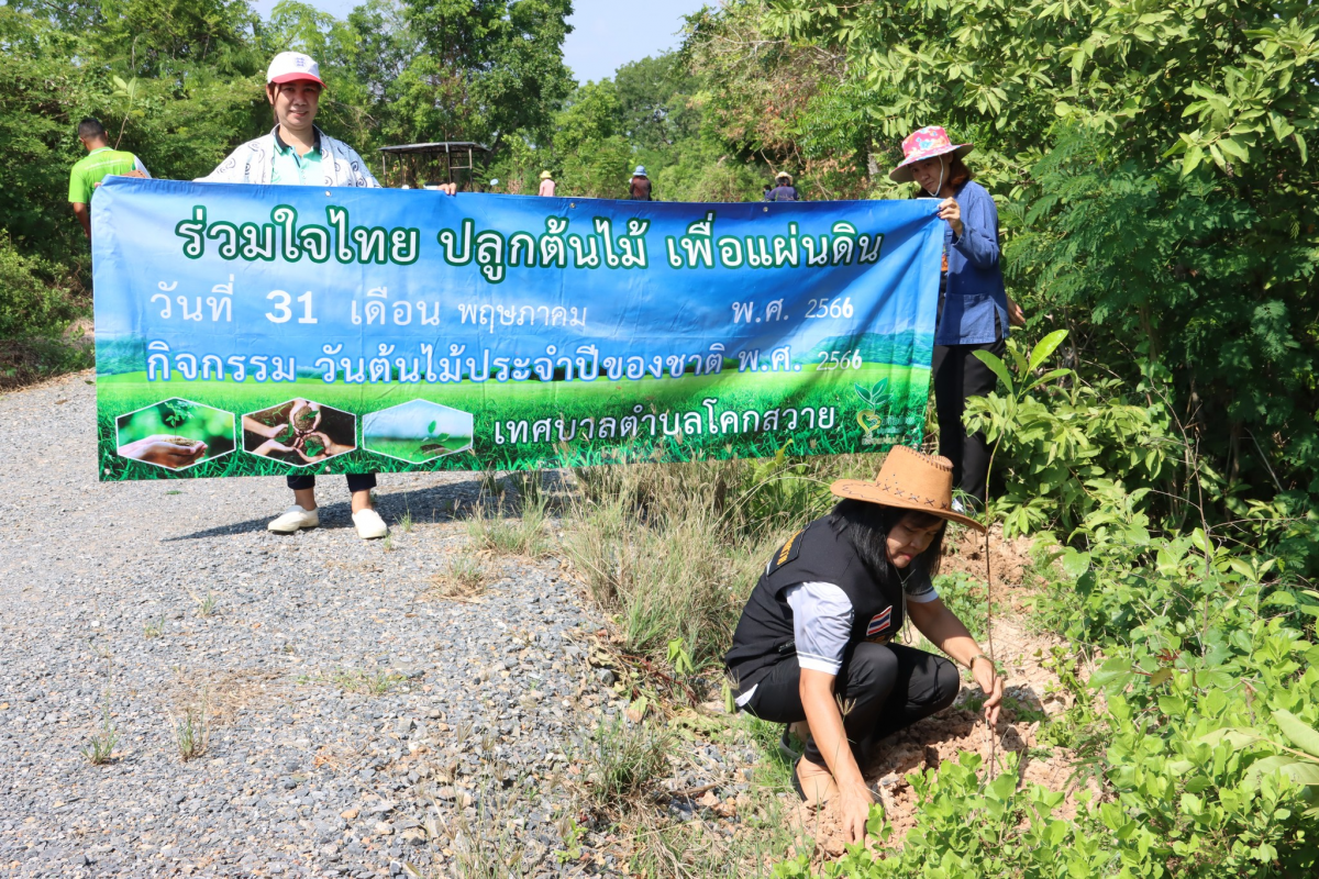 โครงการ ร่วมใจไทย ปลูกต้นไม้ เพื่อแผ่นดิน นำโดย ดร.ฐณเดช จุฑาจินดากุล นายกเทศมนตรีตำบลโคกสวาย คณะผู้บริหาร พนักงาน ลูกจ้าง ร่วมทำกิจกรรมวันต้นไม้ประจำปีของชาติ 2566 บริเวณลำห้วยบ้านห้วย วันที่ 31 พฤษภาคม 2566